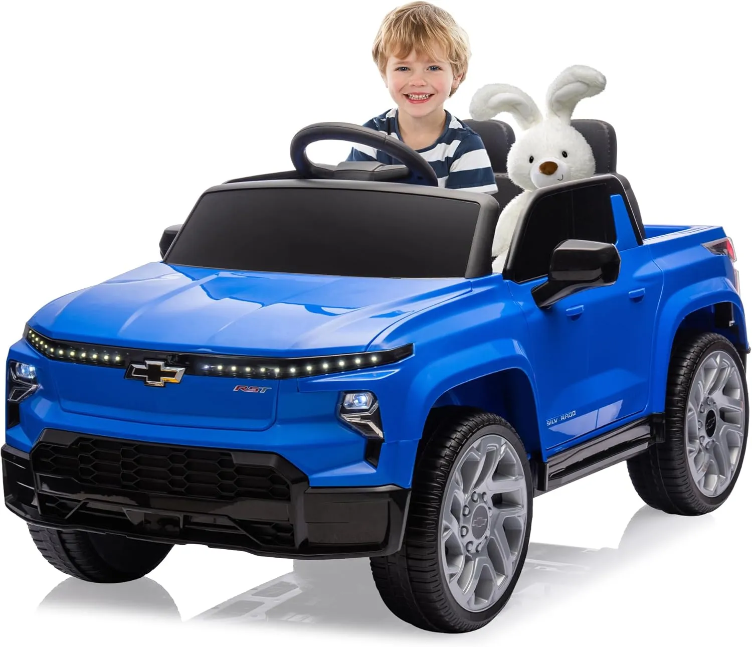 Track Seven 24V Licensed Chevrolet Silverado Ride On Truck Car, Battery Powered Electric Vehicle Jeep with Remote Control, Rear Storage, LED Lights, Outdoor Toy for Boys Girls Aged 3  (Blue)