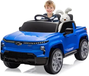 Track Seven 24V Licensed Chevrolet Silverado Ride On Truck Car, Battery Powered Electric Vehicle Jeep with Remote Control, Rear Storage, LED Lights, Outdoor Toy for Boys Girls Aged 3  (Blue)