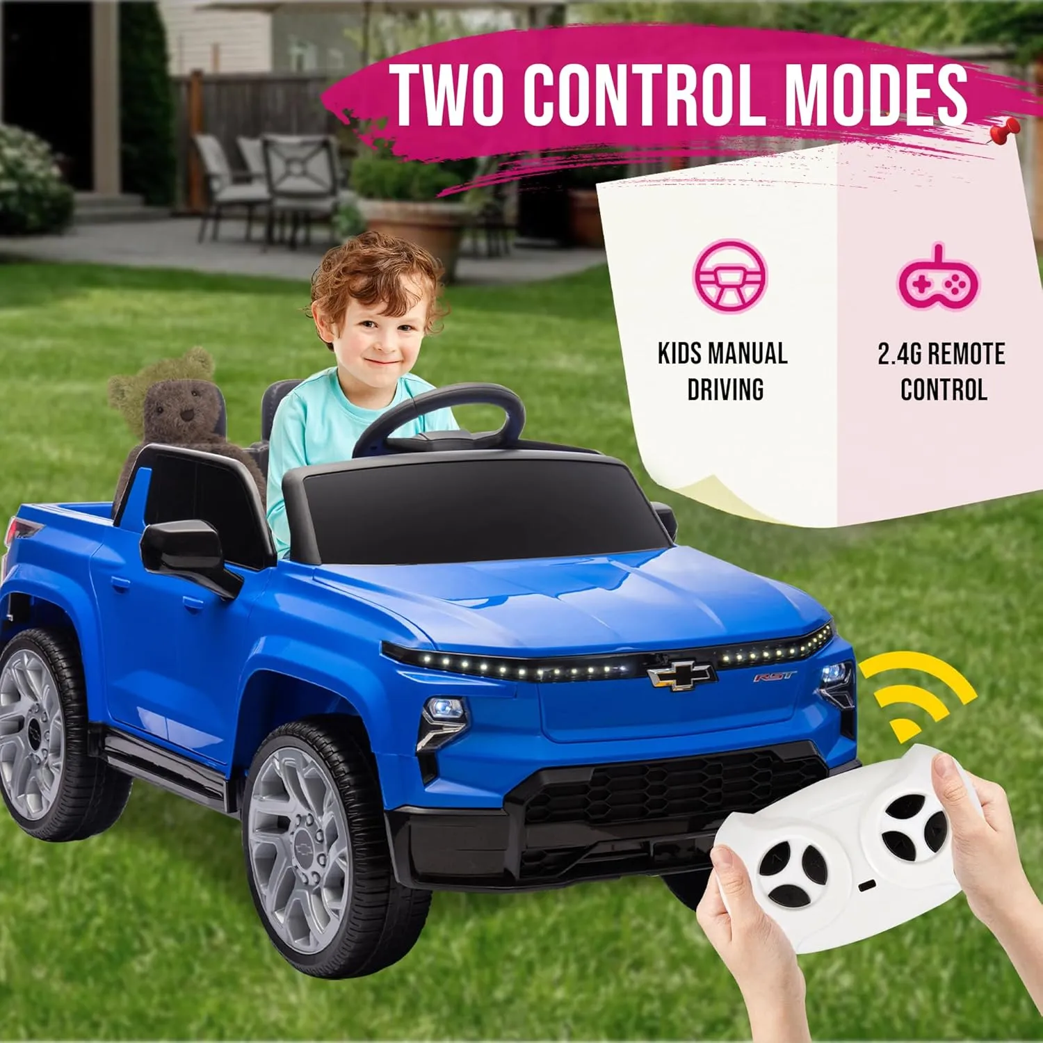 Track Seven 24V Licensed Chevrolet Silverado Ride On Truck Car, Battery Powered Electric Vehicle Jeep with Remote Control, Rear Storage, LED Lights, Outdoor Toy for Boys Girls Aged 3  (Blue)