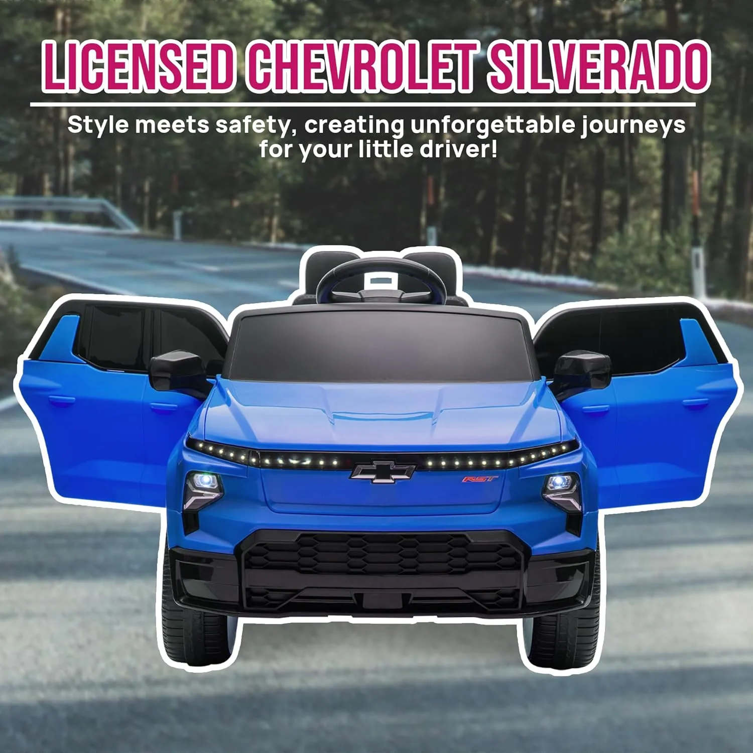 Track Seven 24V Licensed Chevrolet Silverado Ride On Truck Car, Battery Powered Electric Vehicle Jeep with Remote Control, Rear Storage, LED Lights, Outdoor Toy for Boys Girls Aged 3  (Blue)