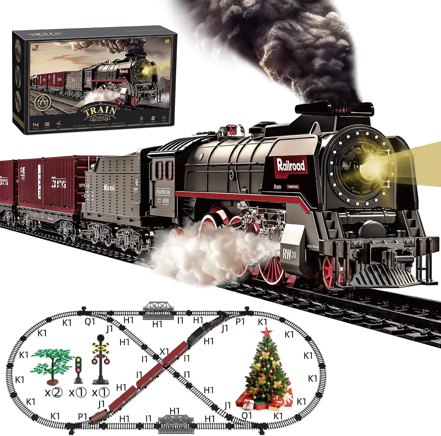Train Set for Kids, Electric Train Toys with Realistic Light Sounds Smoke, Christmas Train Model Gifts for Toddlers Boys Girls, Steam Locomotive, Luxury Track & 3 Truck Carriages