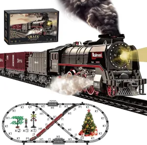 Train Set for Kids, Electric Train Toys with Realistic Light Sounds Smoke, Christmas Train Model Gifts for Toddlers Boys Girls, Steam Locomotive, Luxury Track & 3 Truck Carriages