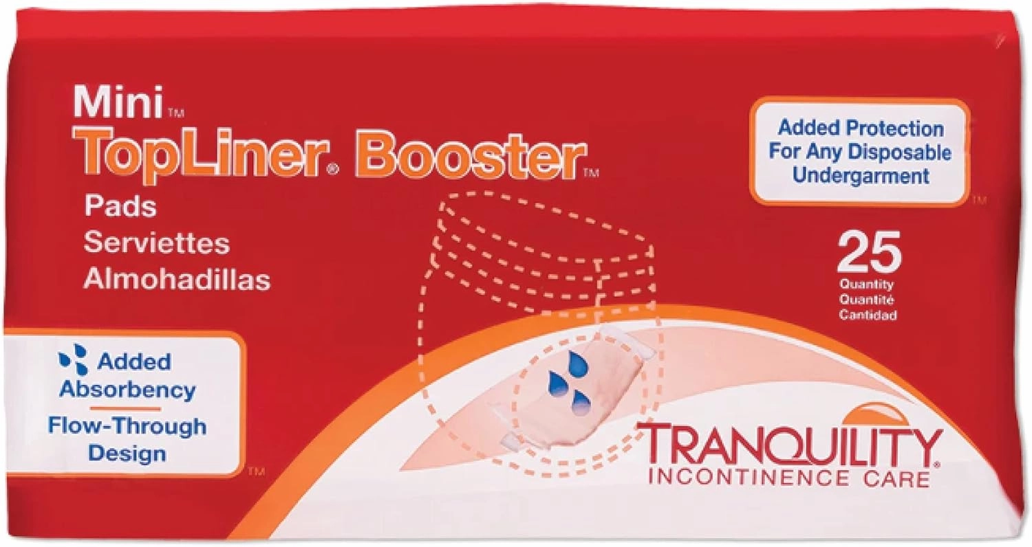 Tranquility TopLiner Disposable Booster Pads, Mini (10.5" x 2.75"), Flow-Through Design with Adhesive Strip for Max Absorption, Adult Unisex, 25ct Bag