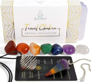 Travel Chakra Crystals and Healing Stones Collection - 7 Chakra Set Tumbled Stones, Chakra Pendulum, Interchangeable Cage Necklace, Reference Card, Portable Case, Ebook