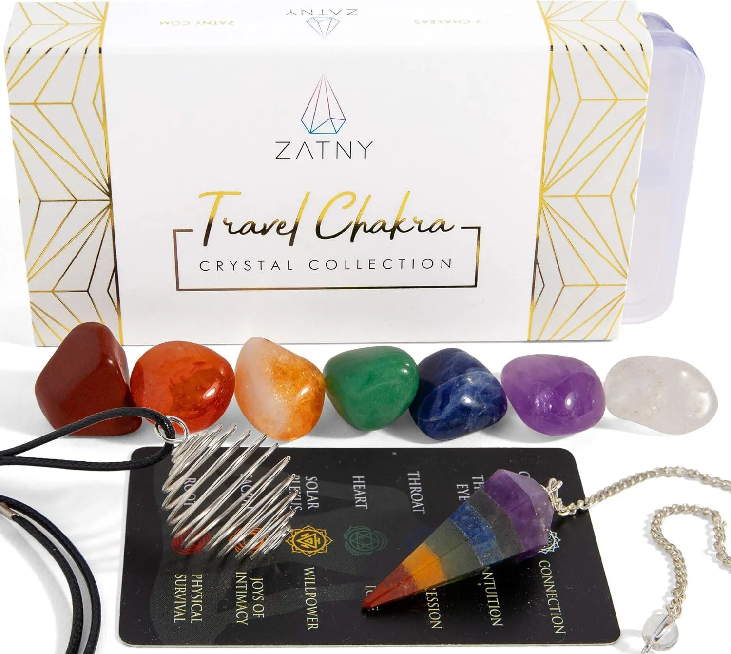 Travel Chakra Crystals and Healing Stones Collection - 7 Chakra Set Tumbled Stones, Chakra Pendulum, Interchangeable Cage Necklace, Reference Card, Portable Case, Ebook