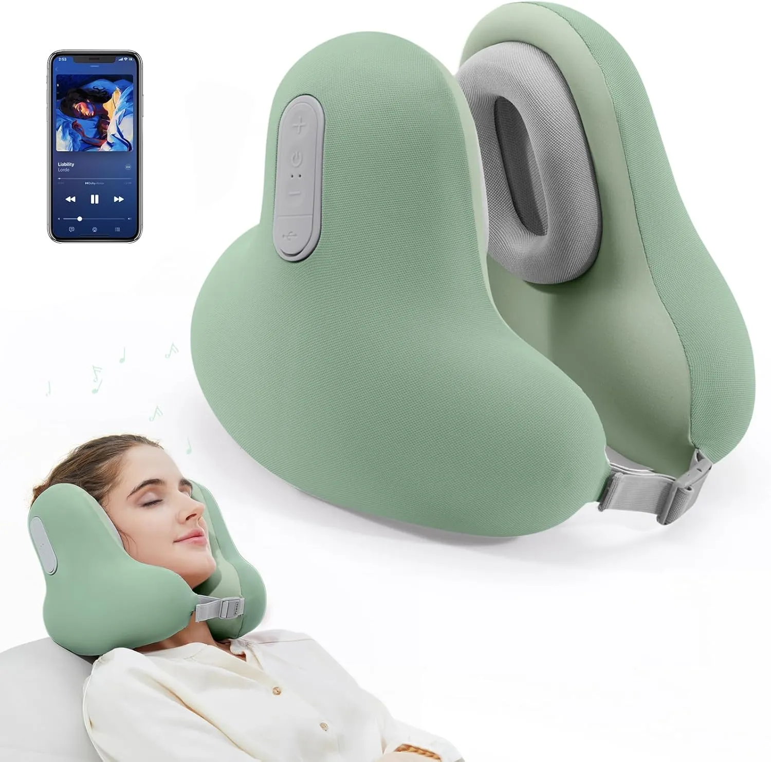 Travel Neck Pillow with Bluetooth Headset, Memory Foam Airplane Pillow for Head Support, Ergonomic Design Traveling Music Pillow for Home, Flight, Car with Adjustable Buckle and Drawstring Bag(Green)