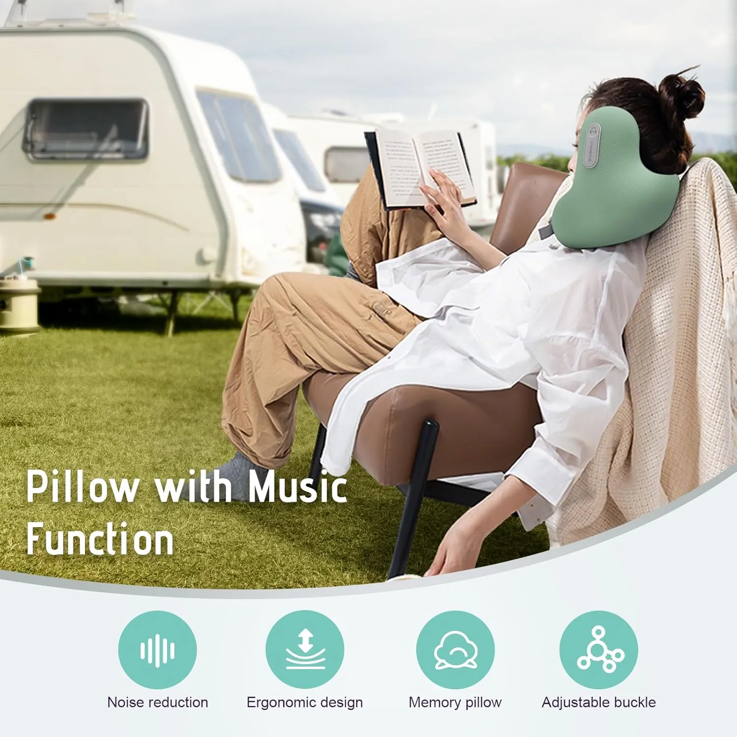 Travel Neck Pillow with Bluetooth Headset, Memory Foam Airplane Pillow for Head Support, Ergonomic Design Traveling Music Pillow for Home, Flight, Car with Adjustable Buckle and Drawstring Bag(Green)