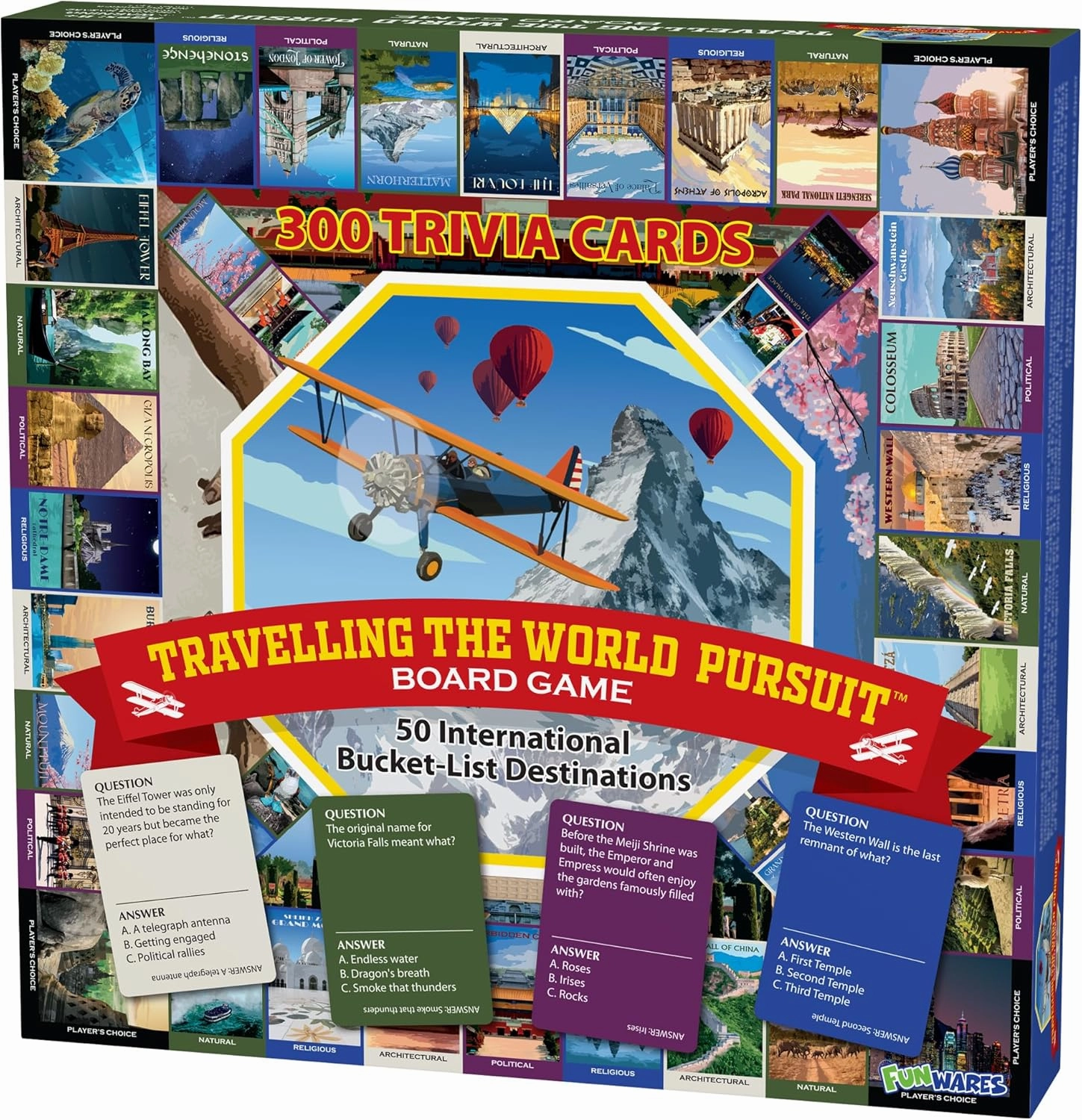 Travelling The World Pursuit - Trivia Board Game. Kids, Teens, Adults. Educational. 50 TOP Global Travel Destinations. Eiffel Tower, Colosseum, Giza, Vatican, Taj. Scout Game, Family Game. Ages 8-99.