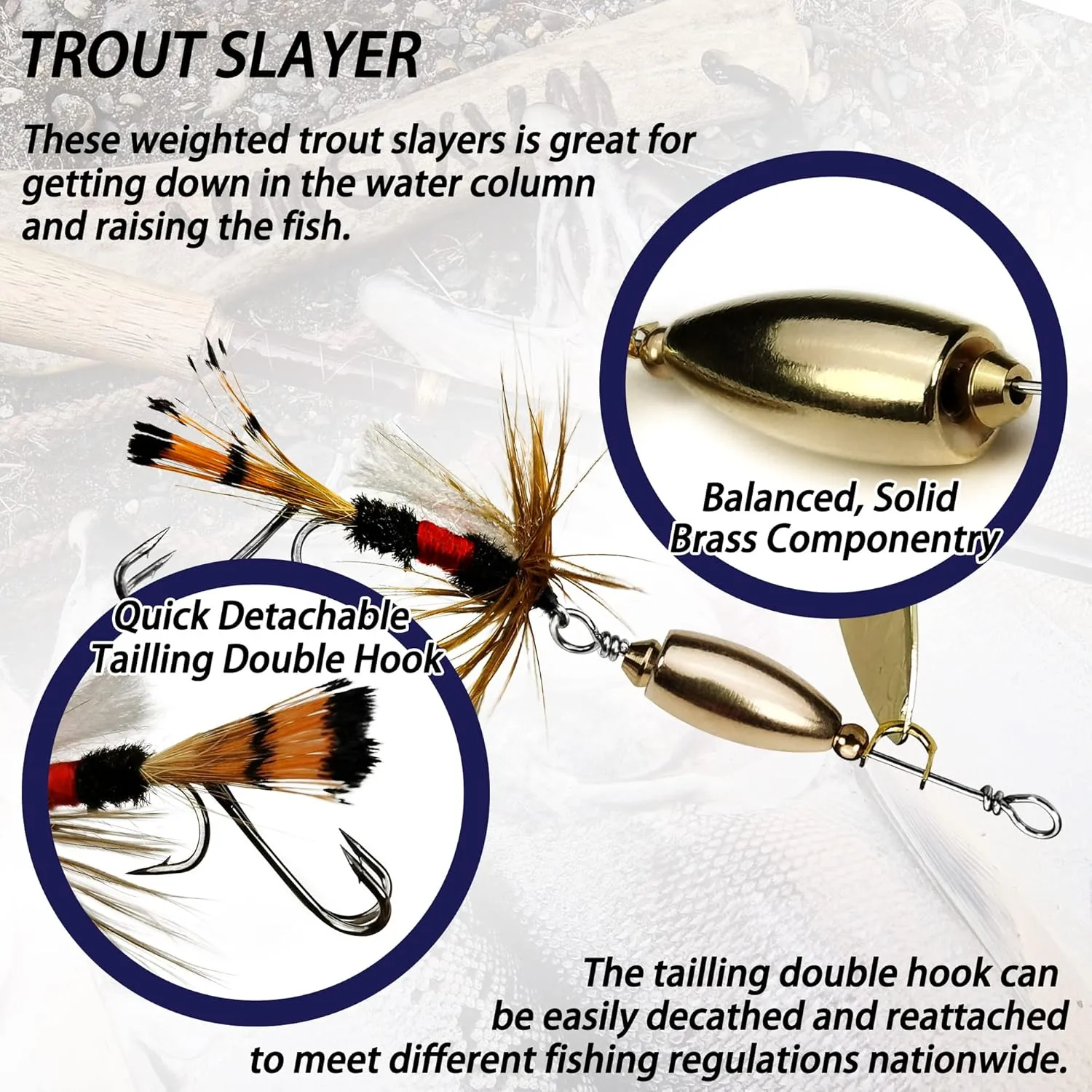Trout Lures Rooster Bait Tail Fishing Spinnerbaits, Brass Hard Metal Spinner Baits Trout Fishing Lures for Bass Salmon Pike Freshwater Saltwater Lake River