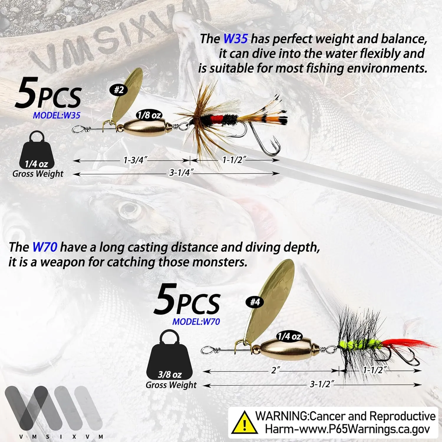 Trout Lures Rooster Bait Tail Fishing Spinnerbaits, Brass Hard Metal Spinner Baits Trout Fishing Lures for Bass Salmon Pike Freshwater Saltwater Lake River