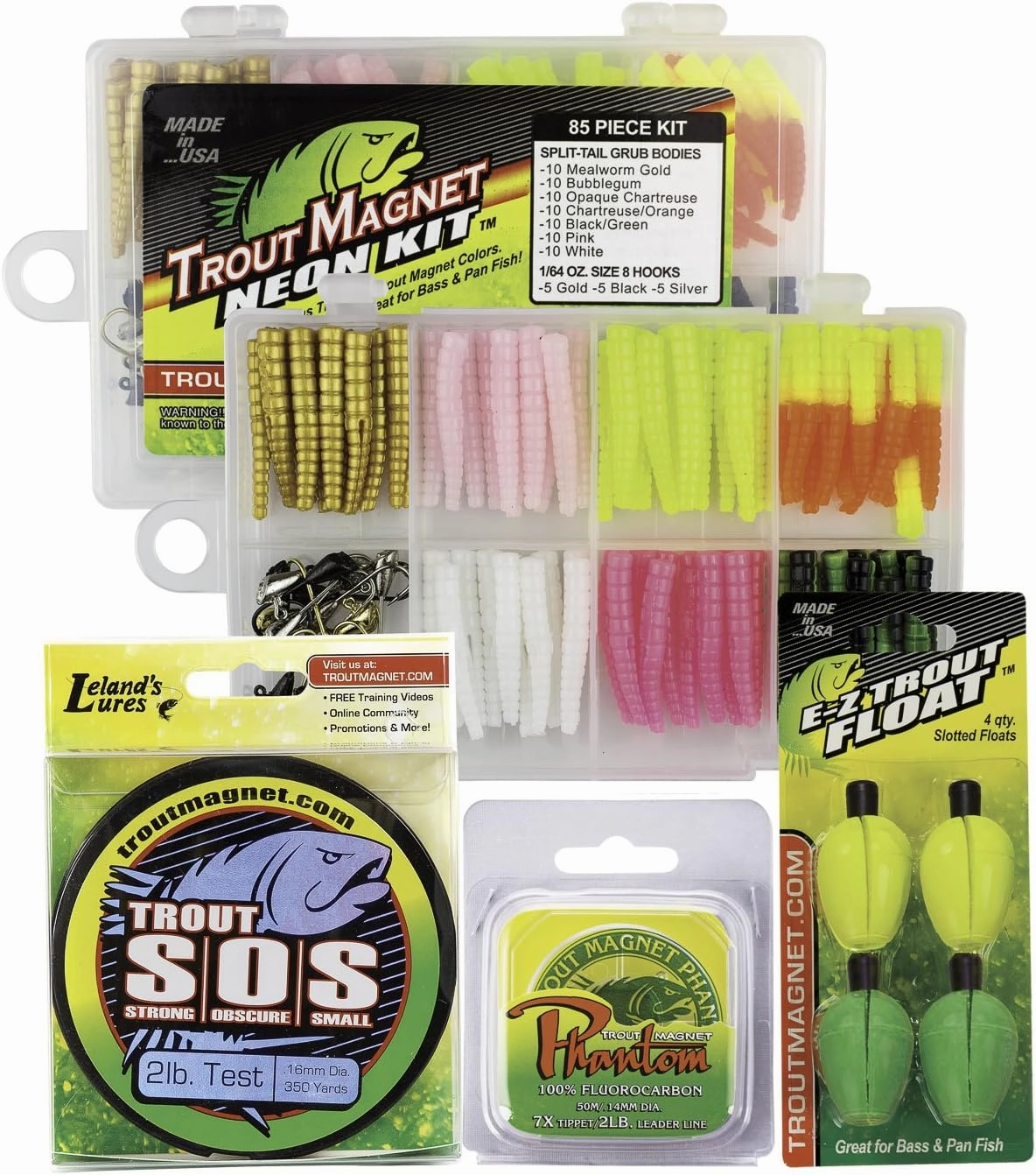 Trout Magnet Ultimate Bundle - 82 pc Trout Fishing Gear Kit - 350 Yard Trout S.O.S. Monofilament Fishing Line, Phantom Fluorocarbon Leader Line, 4 E-ZTrout Floats