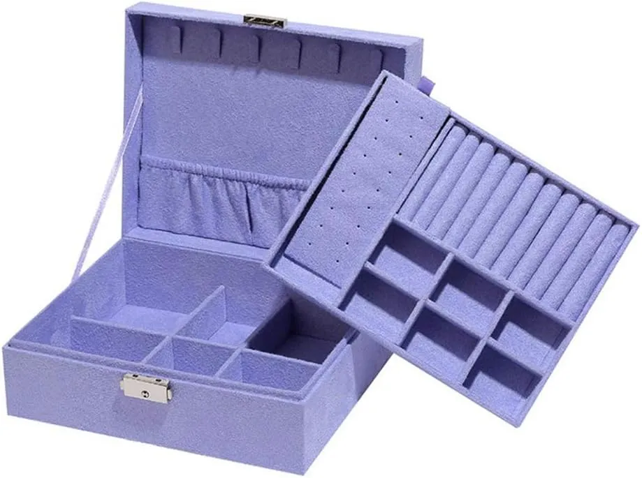 Two-Layer Jewelry Box Organizer Display Storage Case with Lock Suede Portable Leather Jewelry Box for Storing Watch, Earring, Ring, Chain, Bracelet(Light Purple)