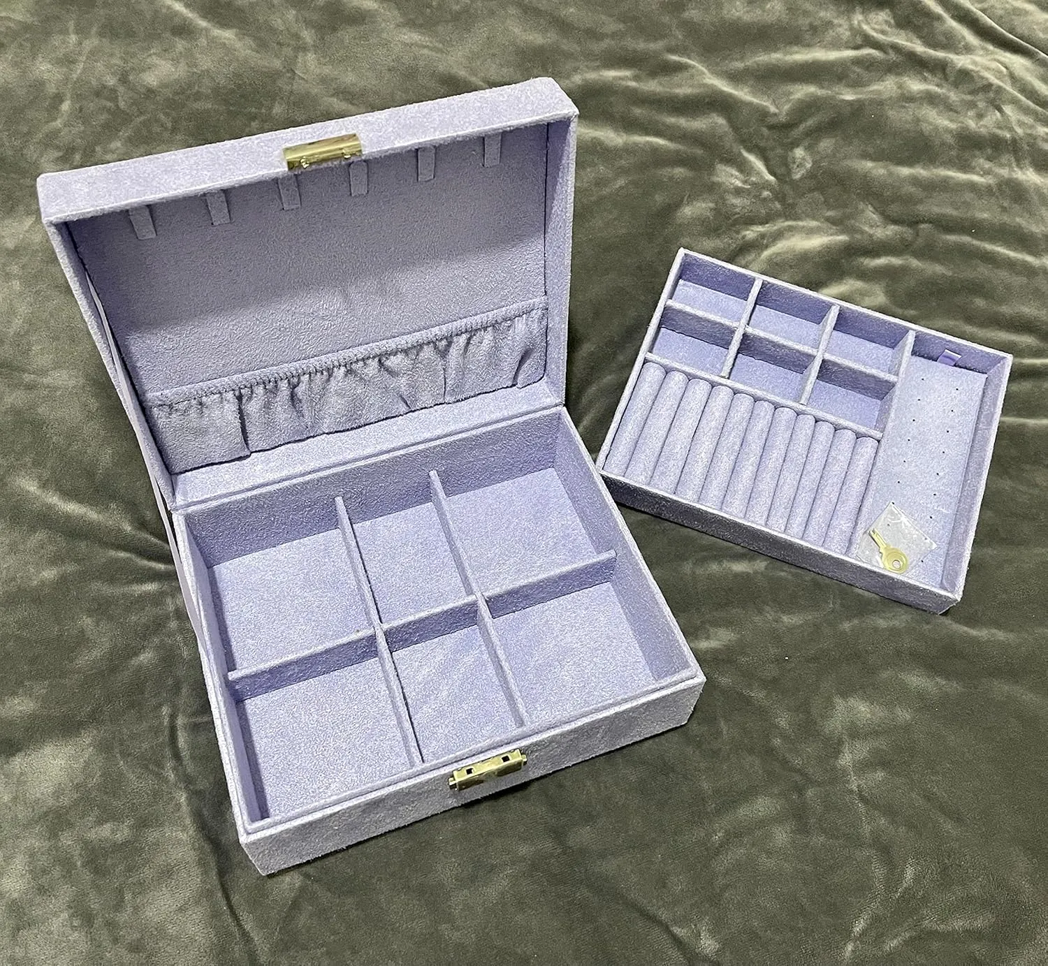 Two-Layer Jewelry Box Organizer Display Storage Case with Lock Suede Portable Leather Jewelry Box for Storing Watch, Earring, Ring, Chain, Bracelet(Light Purple)
