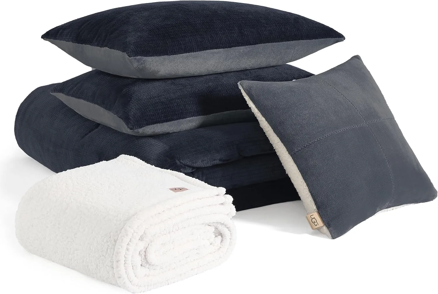 UGG Remina Comforter Set 5 Piece Bed in a Bag with Throw Blanket, Decorative Pillow, Shams, and Reversible Comforter Hypoallergenic Washable Luxury Plush Warm Plush Fluffy Bedding Set, King, Navy Blue