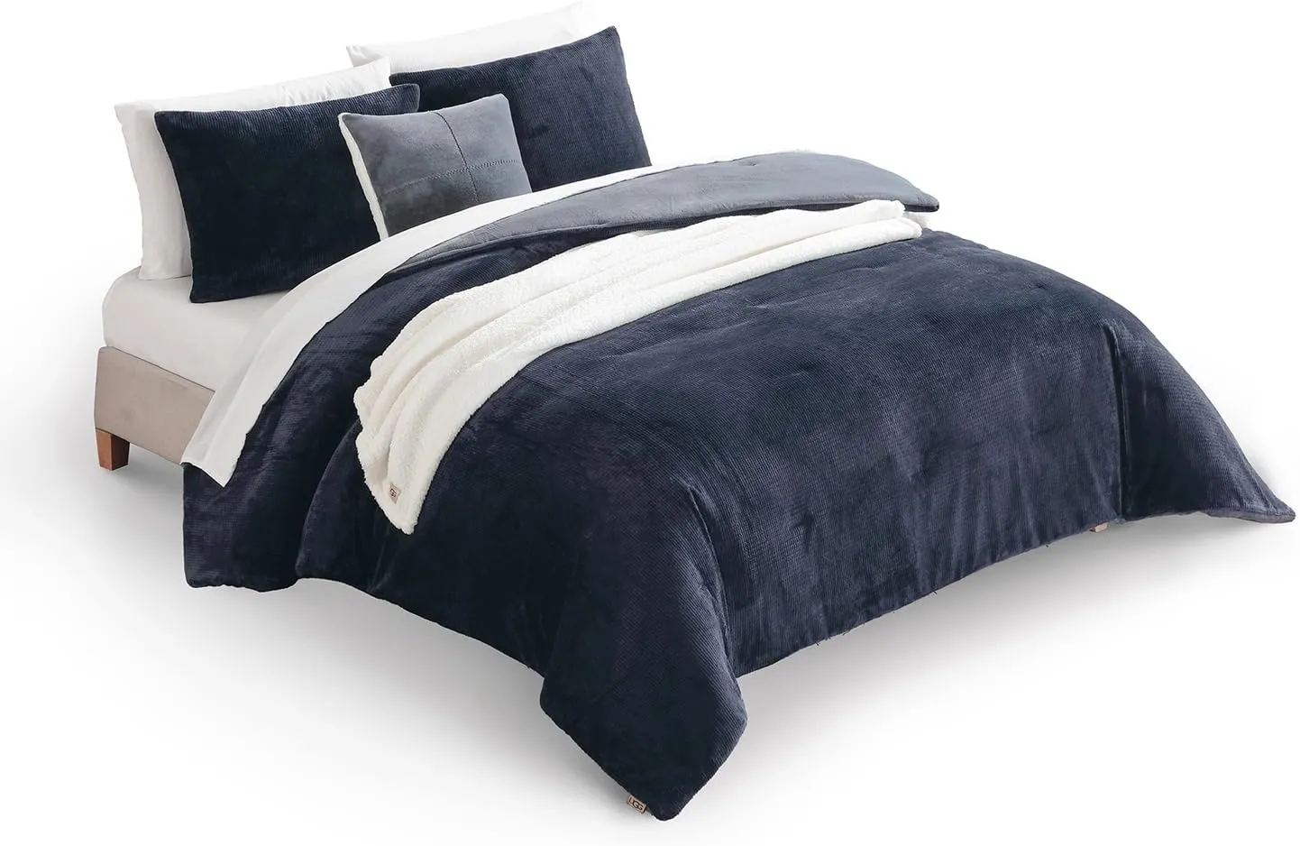 UGG Remina Comforter Set 5 Piece Bed in a Bag with Throw Blanket, Decorative Pillow, Shams, and Reversible Comforter Hypoallergenic Washable Luxury Plush Warm Plush Fluffy Bedding Set, King, Navy Blue