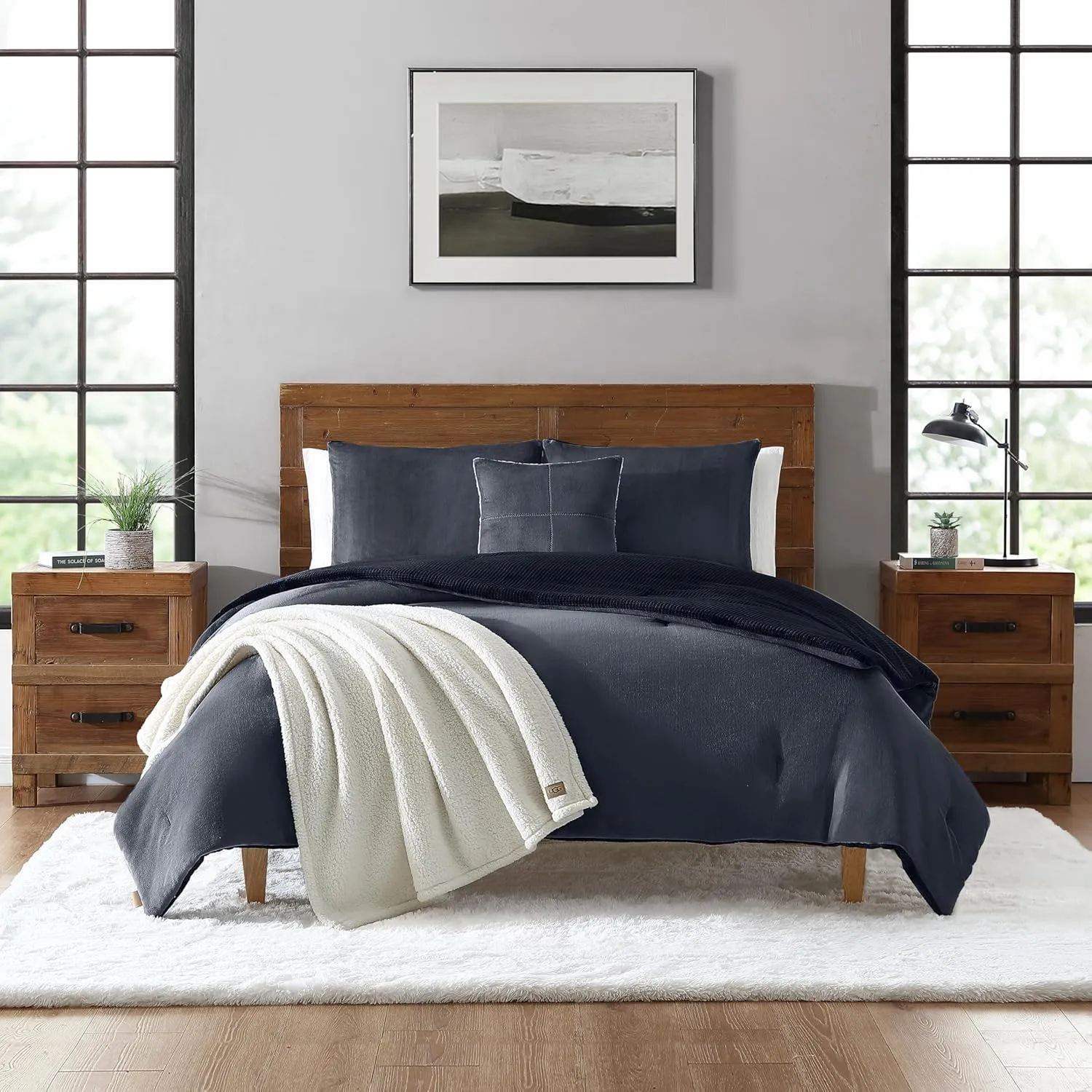UGG Remina Comforter Set 5 Piece Bed in a Bag with Throw Blanket, Decorative Pillow, Shams, and Reversible Comforter Hypoallergenic Washable Luxury Plush Warm Plush Fluffy Bedding Set, King, Navy Blue