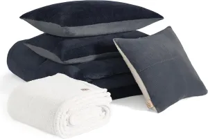 UGG Remina Comforter Set 5 Piece Bed in a Bag with Throw Blanket, Decorative Pillow, Shams, and Reversible Comforter Hypoallergenic Washable Luxury Plush Warm Plush Fluffy Bedding Set, King, Navy Blue