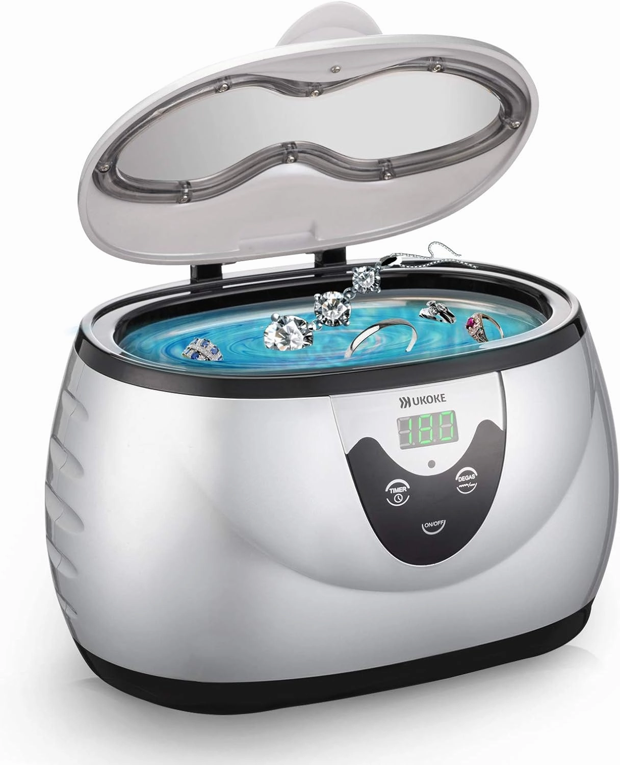 UKOKE 3800S Professional Ultrasonic Jewelry Cleaner Machine, 0.6L Portable Household Timer Device for Eyeglasses, Dentures, Watches, Rings | Silver, Fast Deep Cleaning for Small Accessories