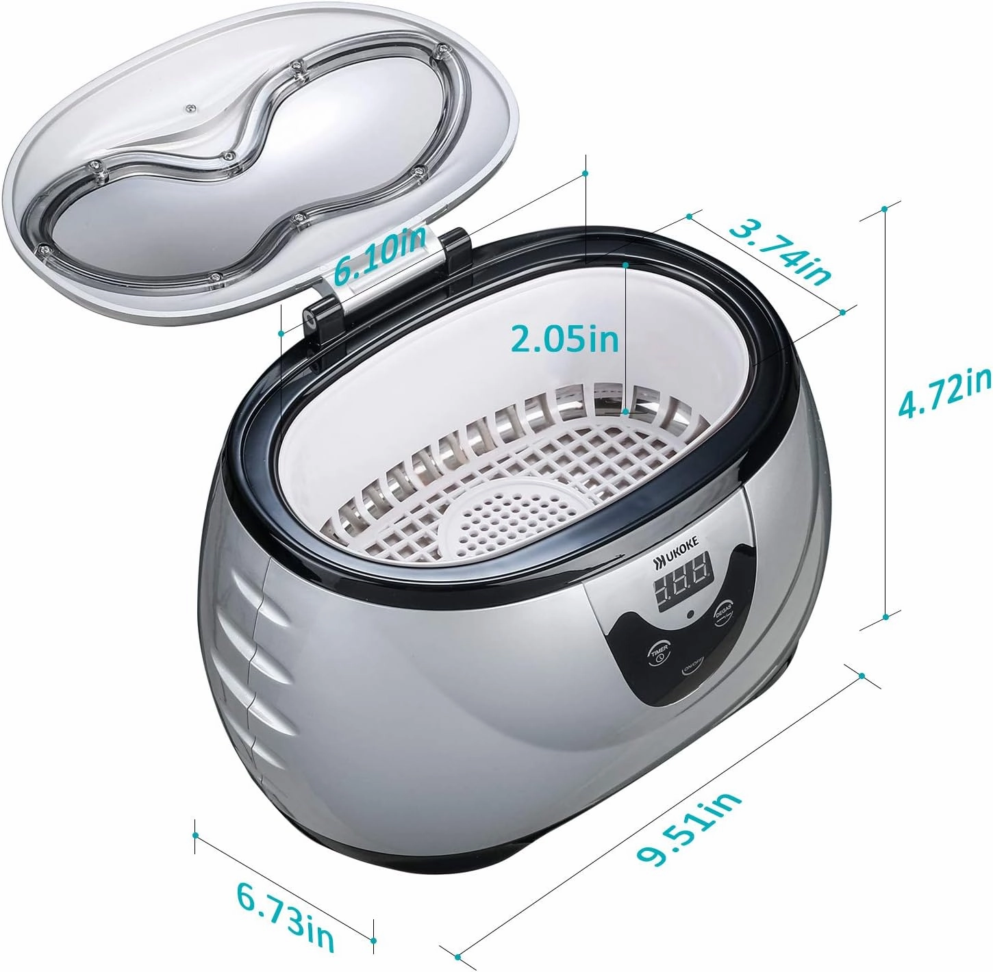 UKOKE 3800S Professional Ultrasonic Jewelry Cleaner Machine, 0.6L Portable Household Timer Device for Eyeglasses, Dentures, Watches, Rings | Silver, Fast Deep Cleaning for Small Accessories