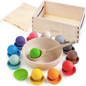 Ulanik Balls on Plates Toddler Montessori Toys for 1  Year Old Kids Wooden Matching Game for Learning Color Sorting and Counting — 12 Balls, 1.18 in