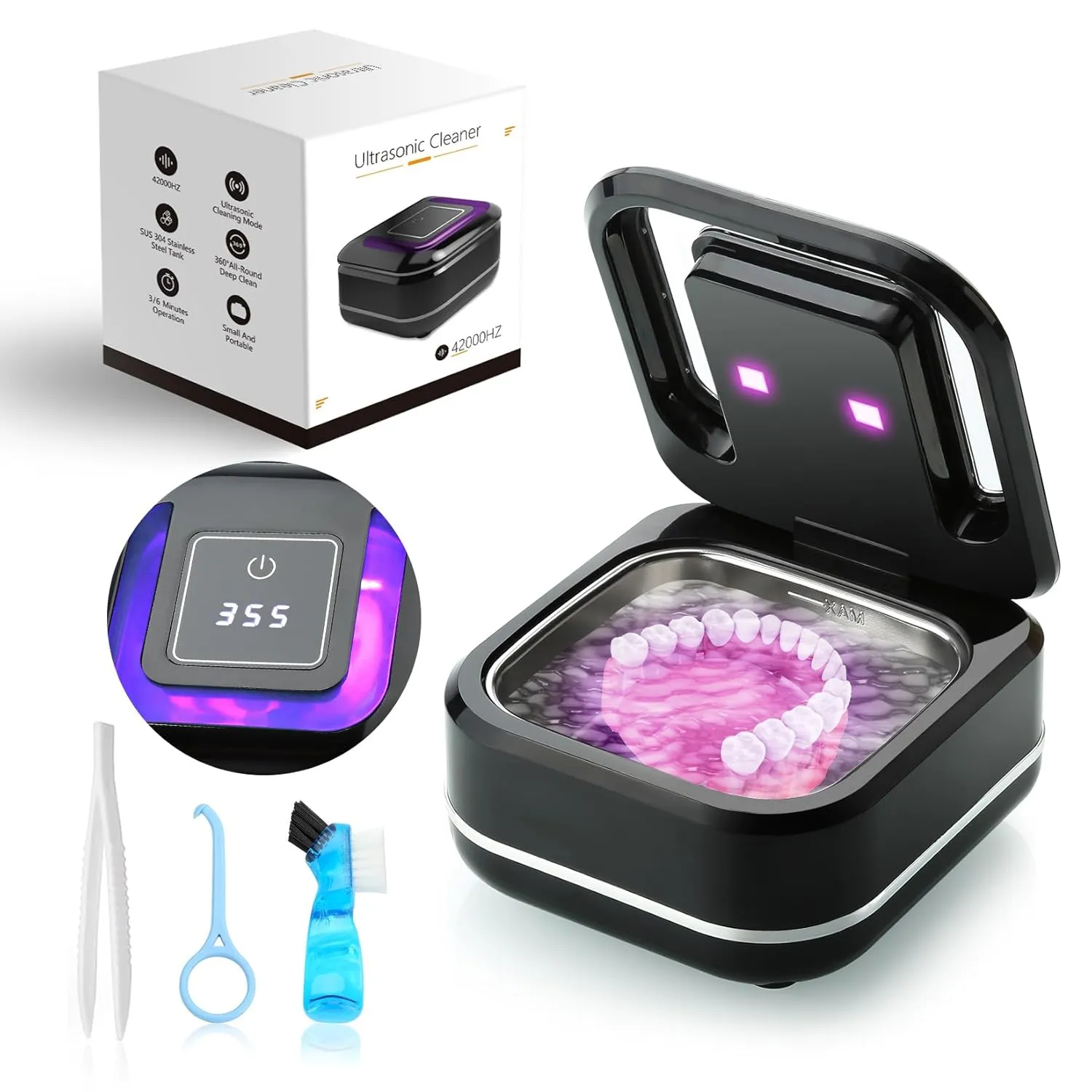 Ultrasonic Retainer Cleaner Machine, 42kHz Dental Cleaning Pod for Denture, Mouth Guard, Night Guard & Aligner Cleaner, 180ml Portable Denture Cleaner Sonic Ring Jewelry Cleaner with Digital Timer