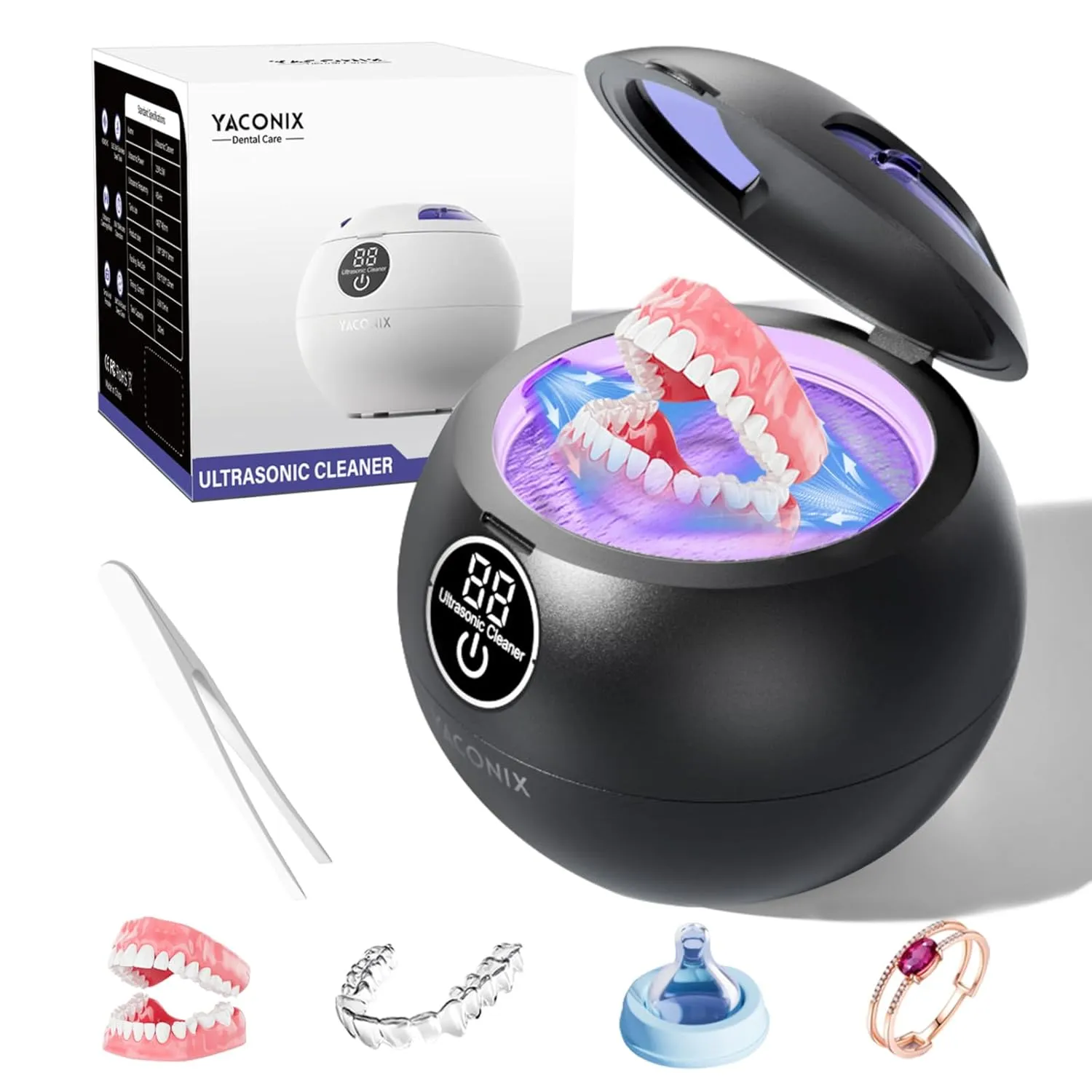 Ultrasonic Retainer Cleaner Machine 45kHz Dental Retainer Cleaner with 3 Modes and Digital Timer Mouth Guard for Denture Clean, Night Guard, Aligner, Braces, Toothbrush, Jewelry Black