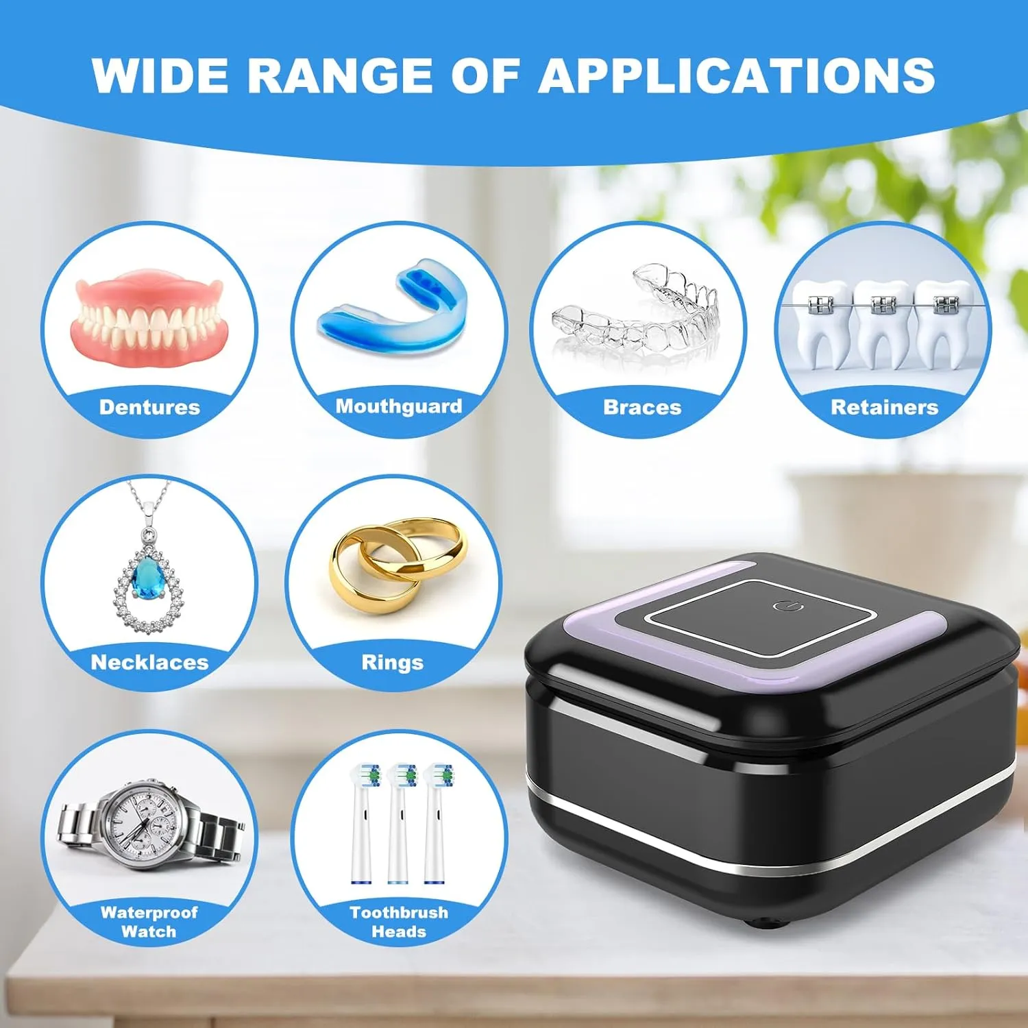 Ultrasonic Retainer Cleaner, Ultrasonic UV Cleaner Machine, Portable Sonic Cleaner Pod for Denture, Mouth Guard, Aligner, Dental Trays, 180ML/42kHz Jewelry Cleaner Dark Black