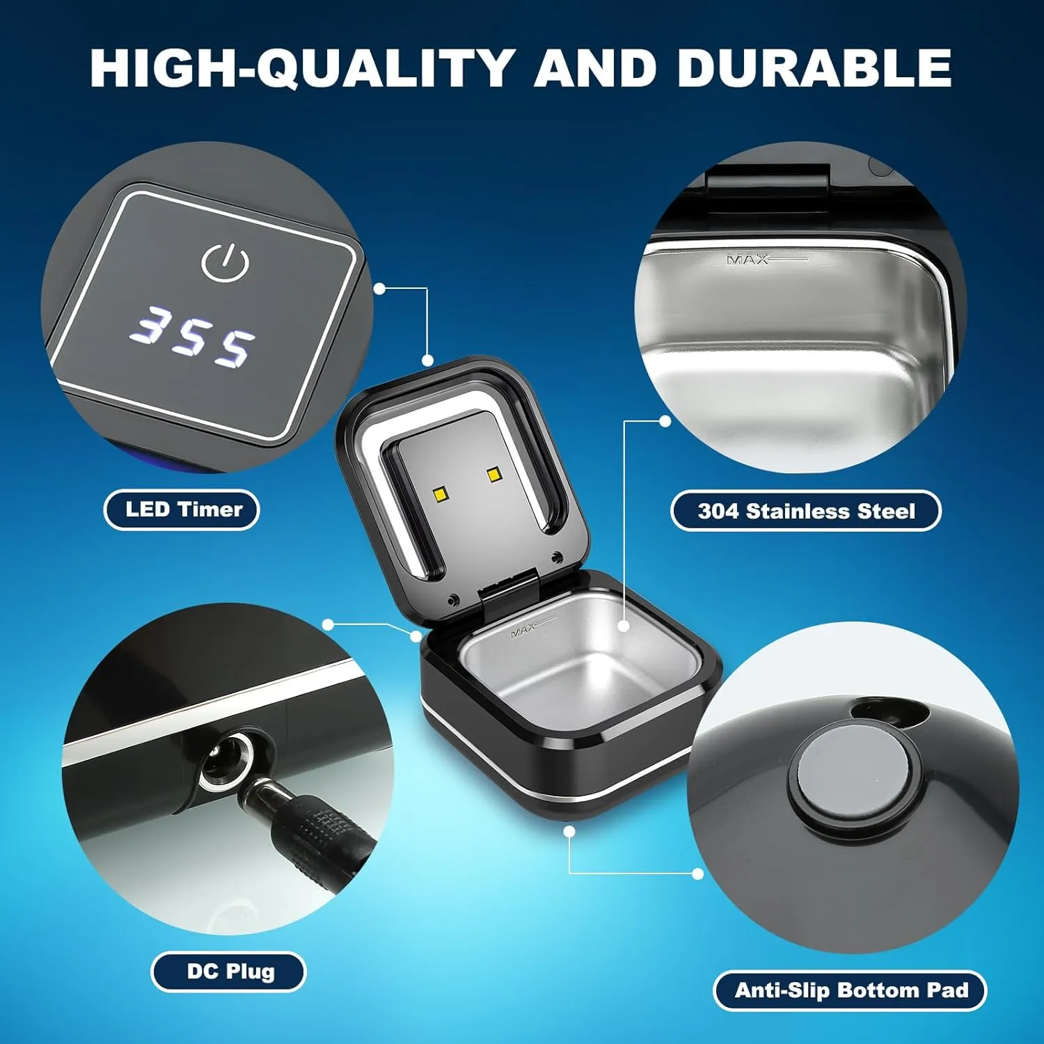 Ultrasonic Retainer Cleaner, Ultrasonic UV Cleaner Machine, Portable Sonic Cleaner Pod for Denture, Mouth Guard, Aligner, Dental Trays, 180ML/42kHz Jewelry Cleaner Dark Black