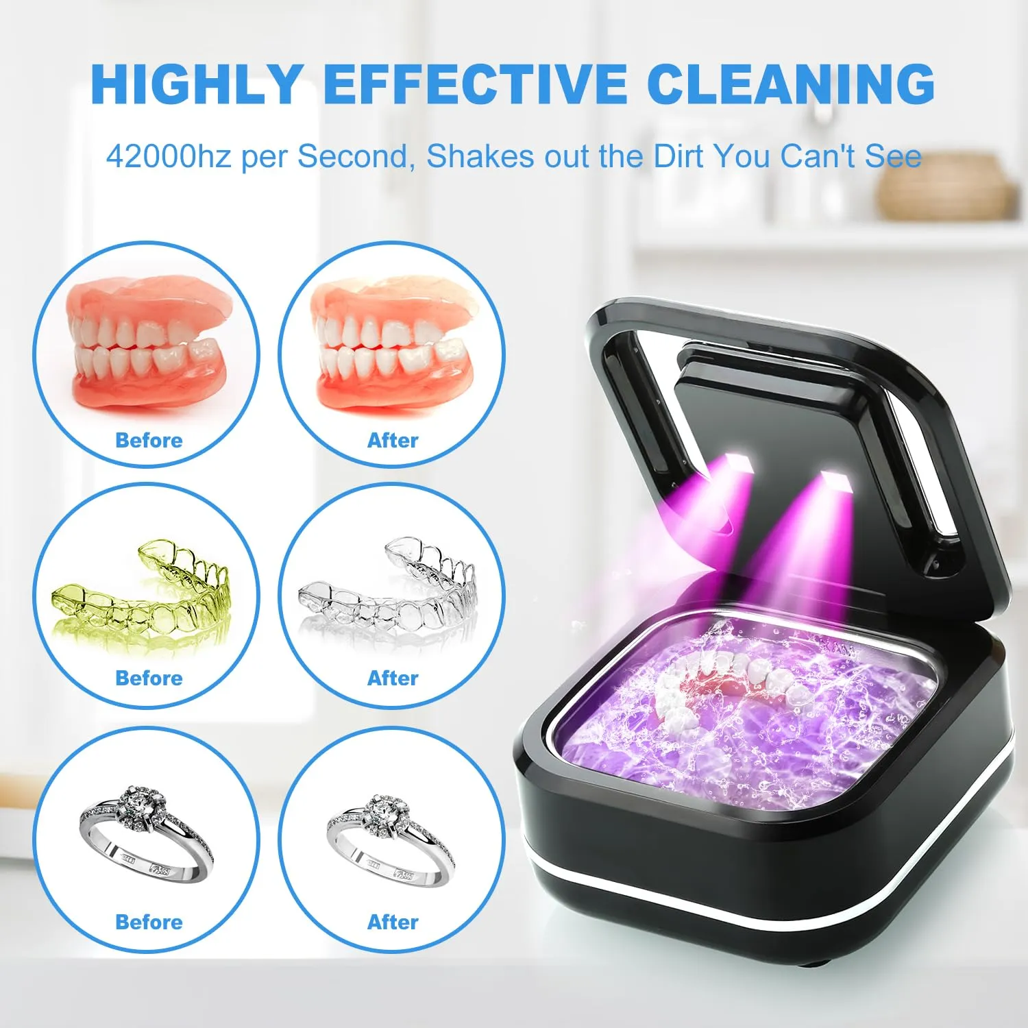 Ultrasonic Retainer Cleaner, Ultrasonic UV Cleaner Machine, Portable Sonic Cleaner Pod for Denture, Mouth Guard, Aligner, Dental Trays, 180ML/42kHz Jewelry Cleaner Dark Black