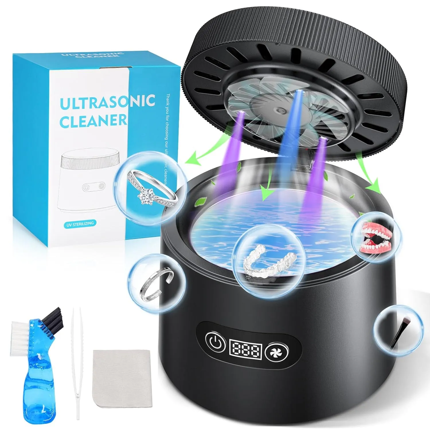 Ultrasonic Retainer Cleaner with Dry Mode 25W/43kHz 180ML Premium Denture Cleaner with Digital Timer, Portable Ultrasonic Cleaner Machine for Dentures, Rings, Aligner, Braces (Black)