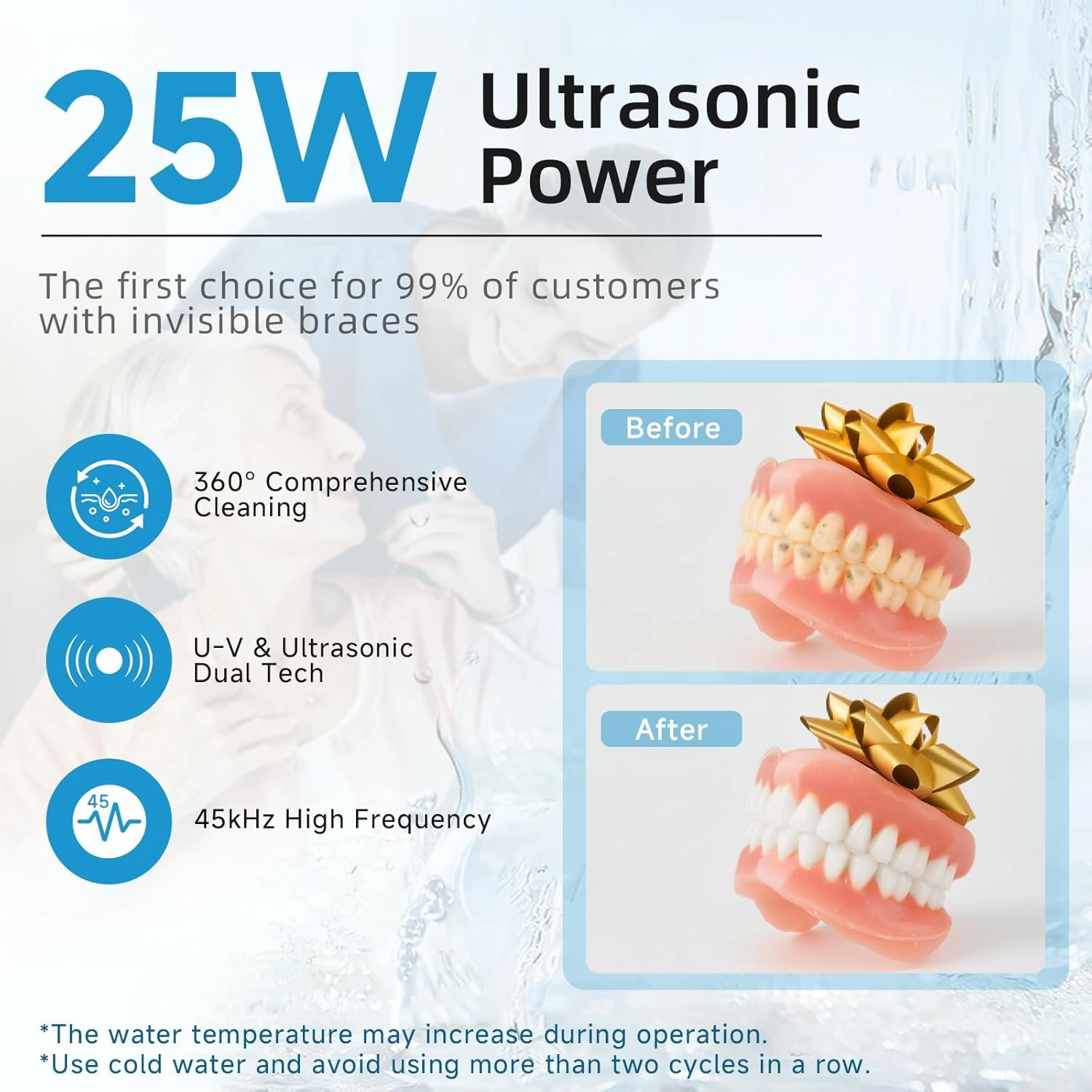 Ultrasonic Retainer Cleaner, 45kHz Retainer Cleaner Machine for Dentures, Mouth Guards, Aligner, Toothbrush Heads, Jewelry, 4 Modes Denture Cleaner with Digital Timer & 200ML Dental Cleaning Pod White