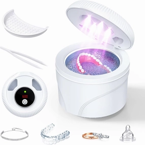 Ultrasonic Retainer Cleaner, 45kHz Retainer Cleaner Machine for Dentures, Mouth Guards, Aligner, Toothbrush Heads, Jewelry, 4 Modes Denture Cleaner with Digital Timer & 200ML Dental Cleaning Pod White