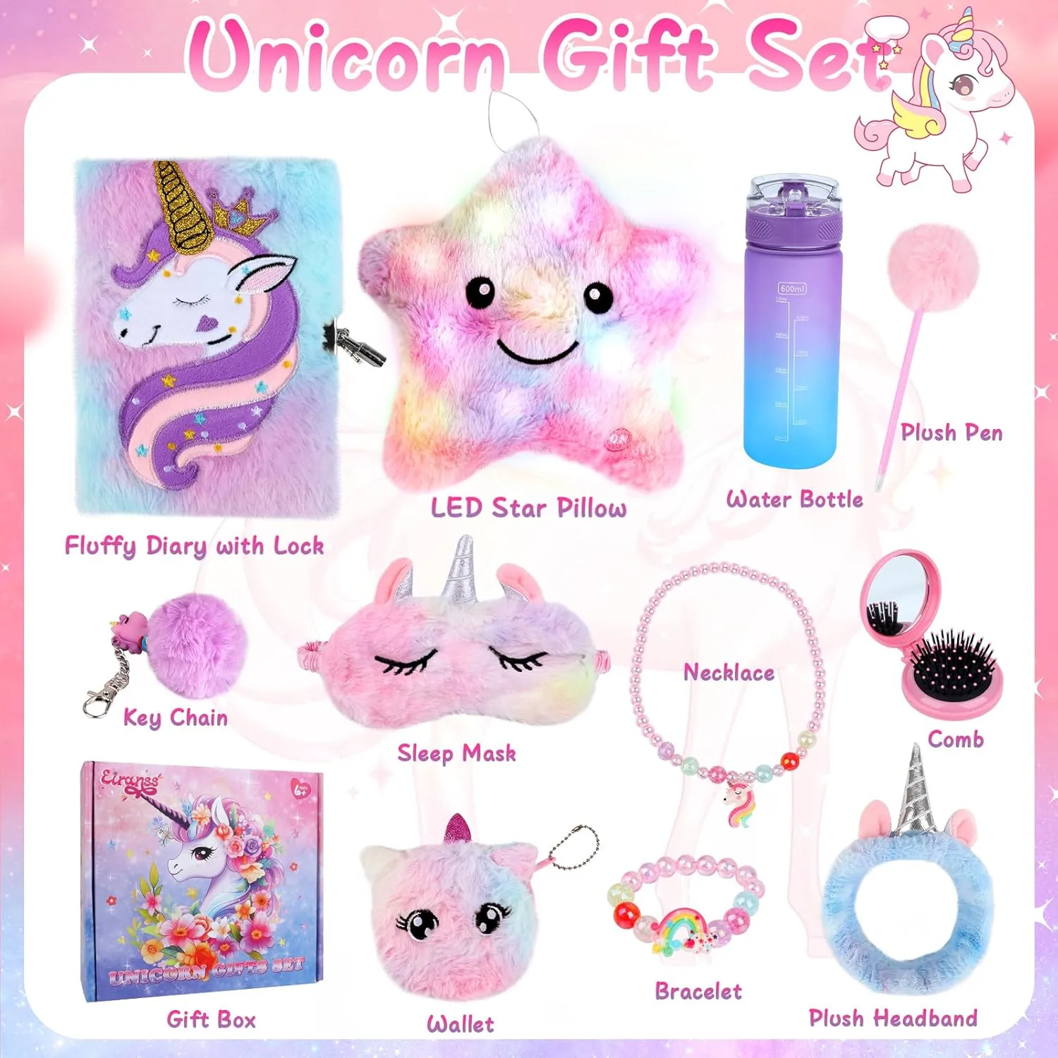 Unicorns Gifts for Girls, Kids Unicorn Toy Set with Light Up Star Pillow/Diary with Lock/Water Bottle/Headband/Eye Mask, Teen Girl Birthday Christmas Unicorns Toy for 4 5 6 7 8 9 10  Years Old