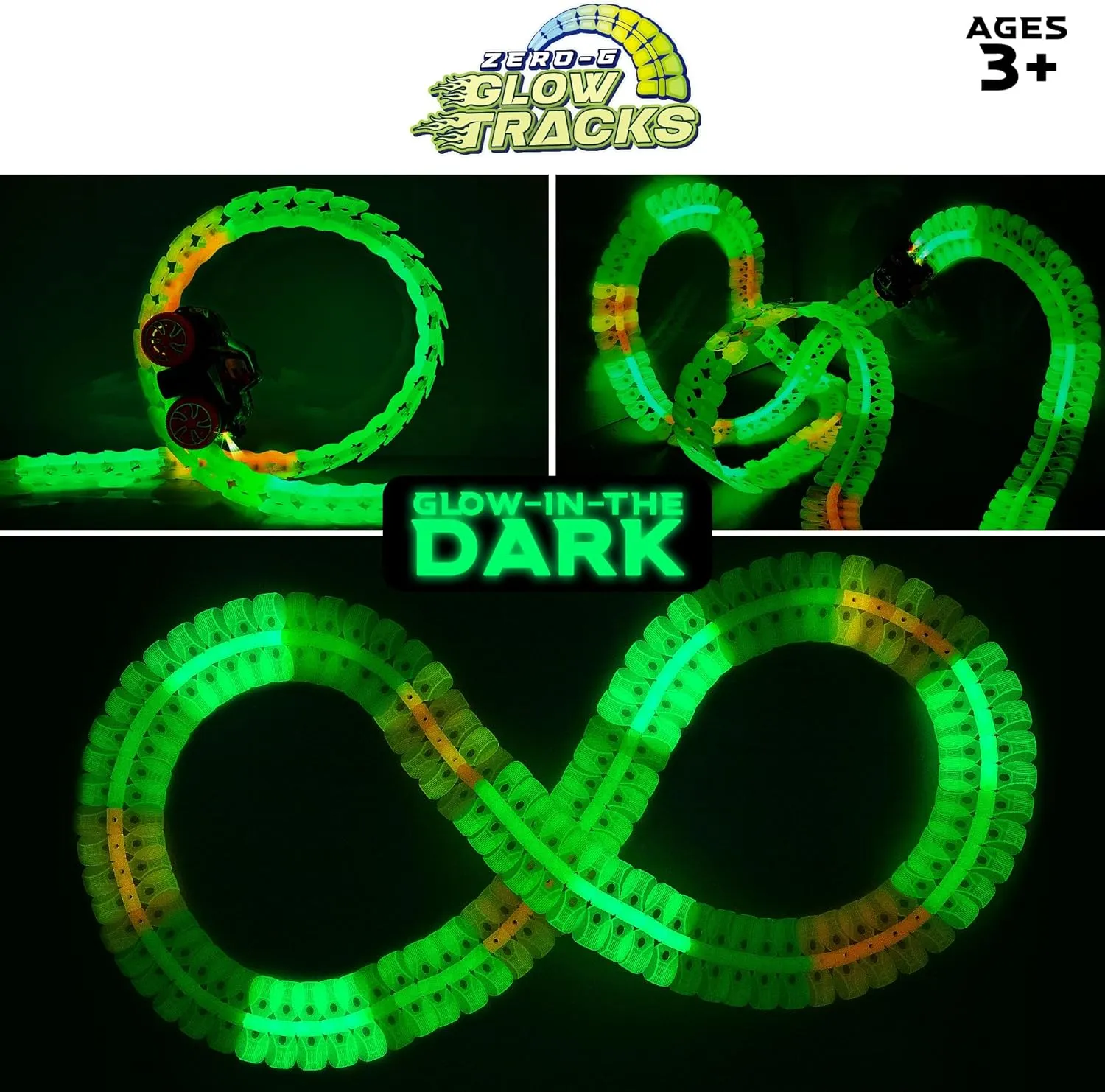 USA Toyz Zero-G Glow Race Track for Kids- 105pcs Glow in The Dark Flexible Race Track Set with Suction Cups, Slot Car, 2 Graffiti Toy Cars Shells, STEM Toy LED Car Tracks for Boys and Girls Age 3 