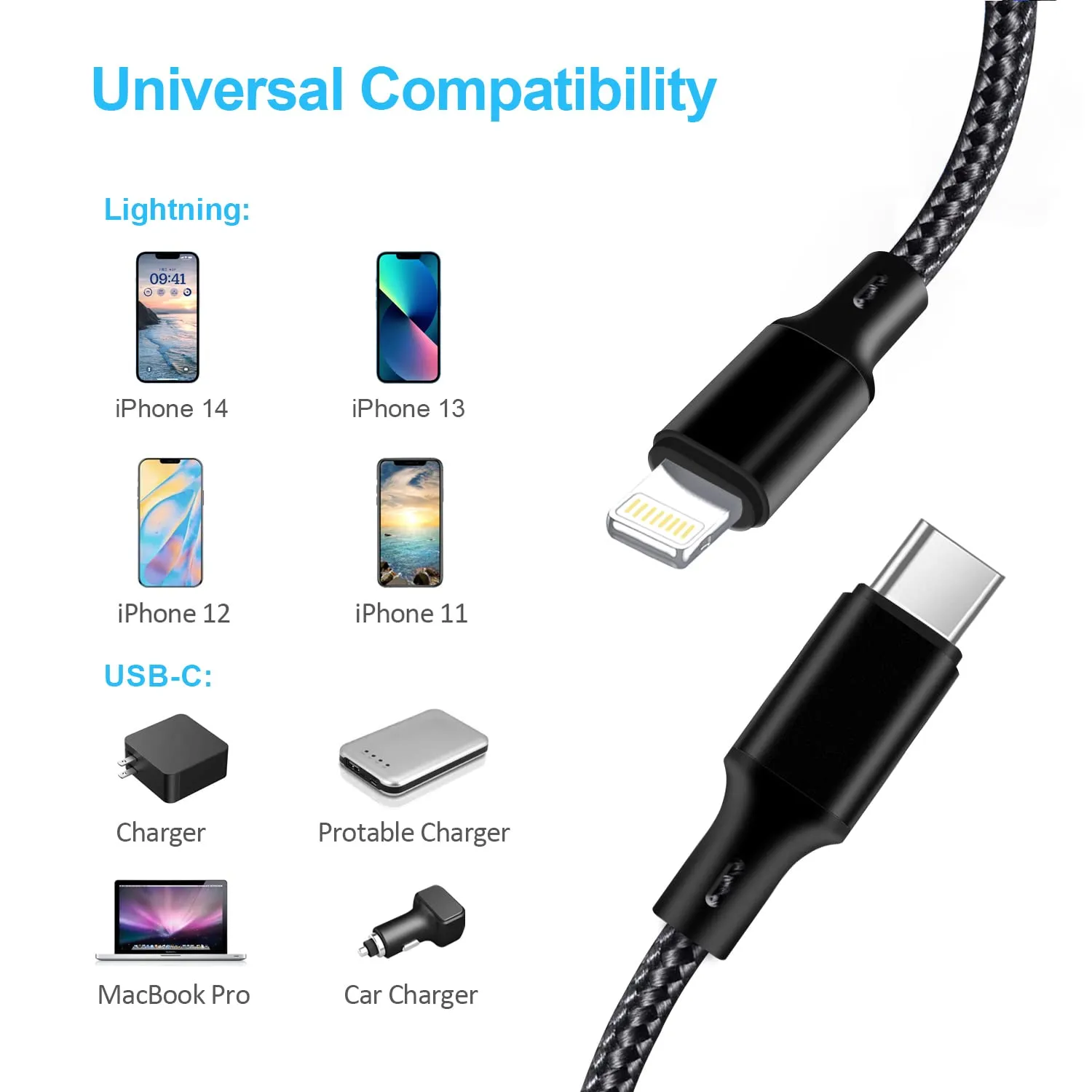 USB C to Lightning Cable 5 Pack 3/3/6/6/10FT iPhone Charger Apple MFi Certified Power Delivery Fast Charging Cord Compatible with iPhone 14/13/12/11/XS/XR/X/8 - Black