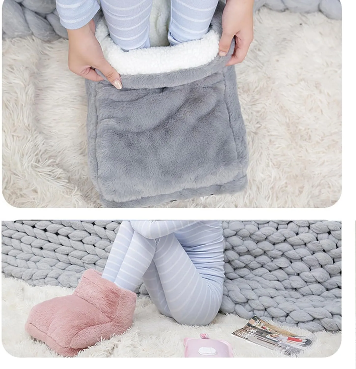 USB Foot Warmer,Car Foot Warmer,Rechargeable Heated Slippers, Cordless Electric Heated Foot Warmer Under Desk,3-Level Heated Foot Warmer for Women,Winter Cover Feet Heating Pads for Bedroom(Gray Pink)