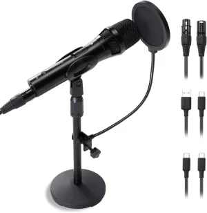 USB/XLR Podcast Dynamic Microphone, Professional Metal Dynamic Studio Singing Recording Microphone with Mic Gain, Desktop Stand, Pop Filter, Headphone Jack, for PC, Audio Interface, Mixer, MacBook