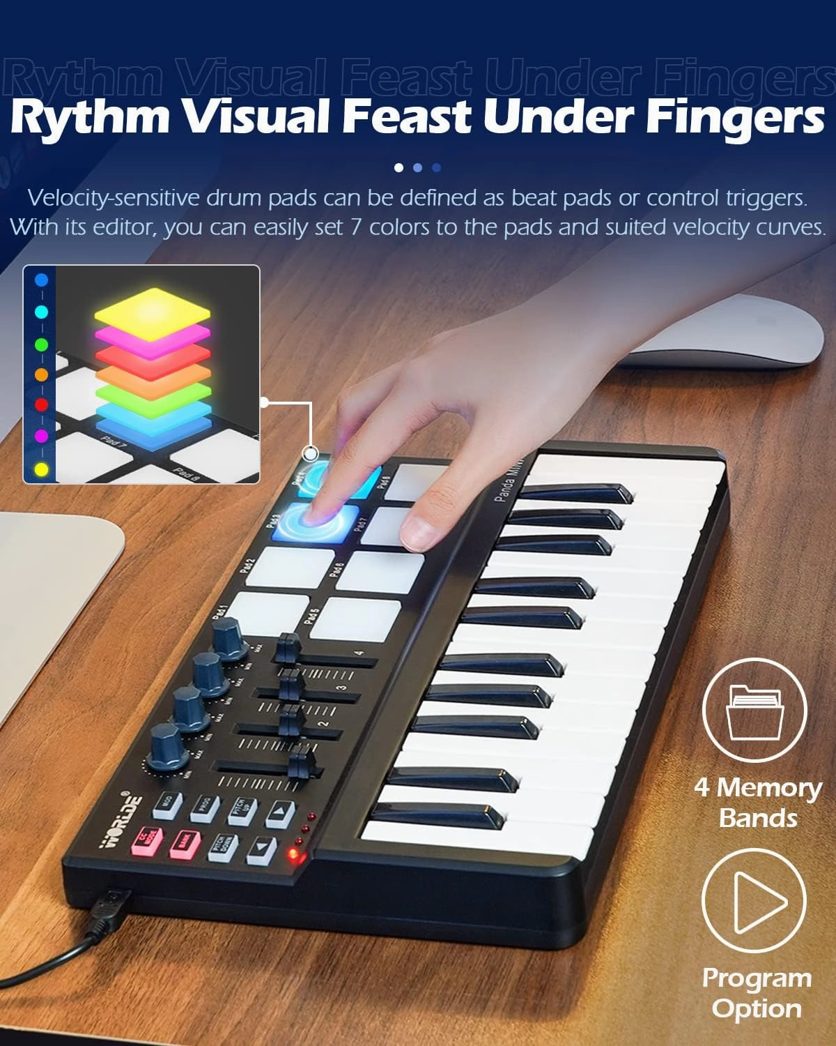 Vangoa MIDI Keyboard Controller 25 Keys, Worlde Panda MINI USB Midi Keyboard with Drum Pads, Beat Maker Machine Pad, Black