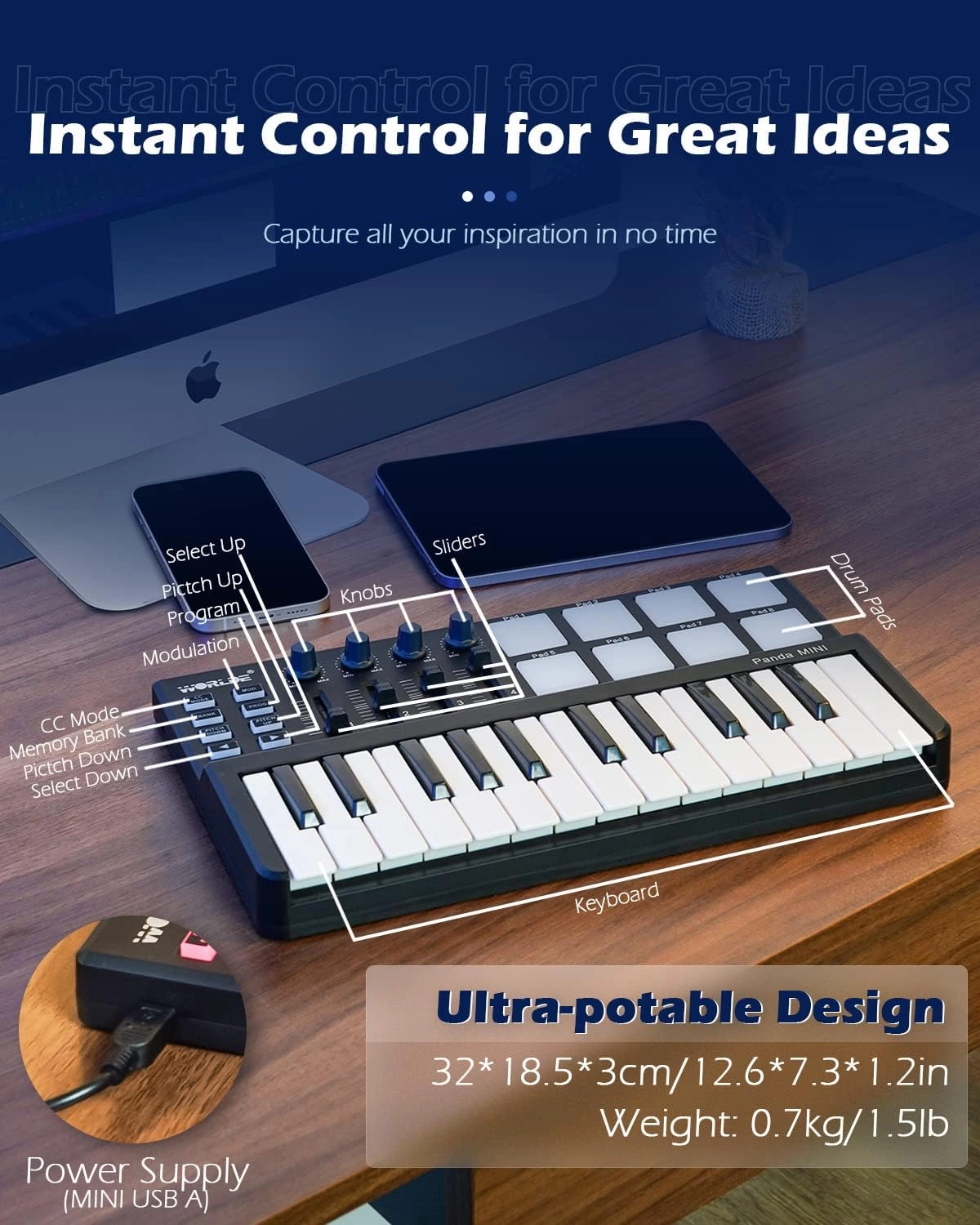 Vangoa MIDI Keyboard Controller 25 Keys, Worlde Panda MINI USB Midi Keyboard with Drum Pads, Beat Maker Machine Pad, Black