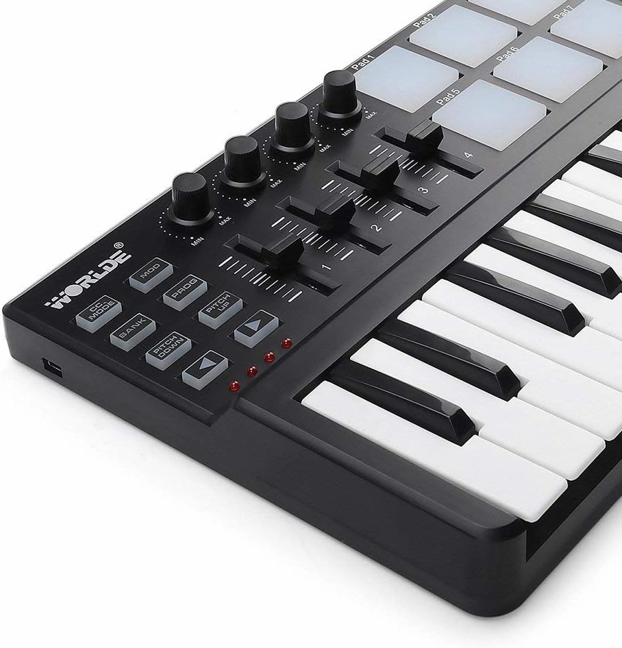 Vangoa MIDI Keyboard Controller 25 Keys, Worlde Panda MINI USB Midi Keyboard with Drum Pads, Beat Maker Machine Pad, Black