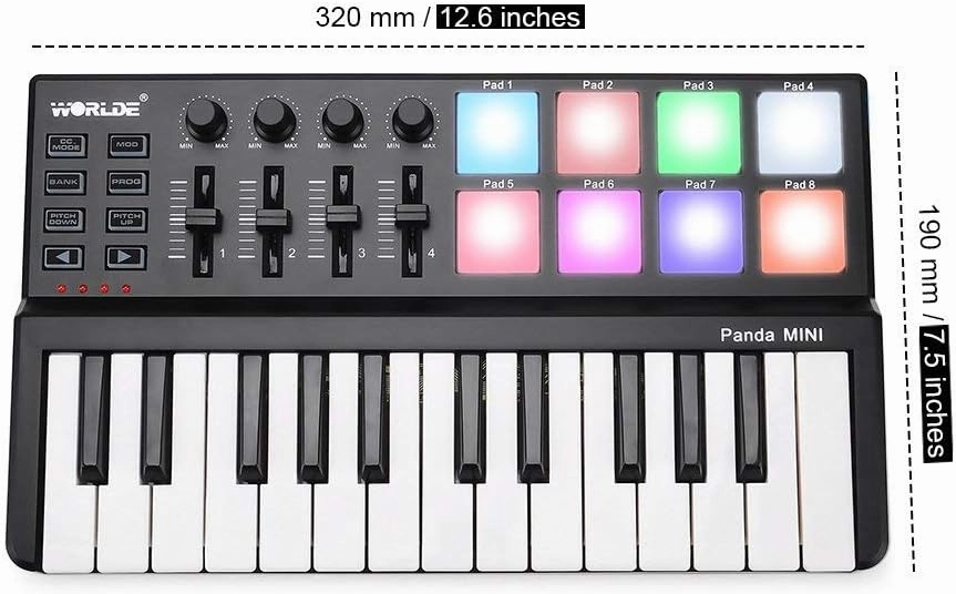 Vangoa MIDI Keyboard Controller 25 Keys, Worlde Panda MINI USB Midi Keyboard with Drum Pads, Beat Maker Machine Pad, Black