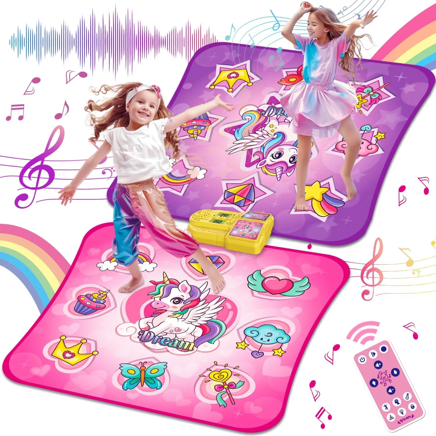 VATOS Double Dance Mat for Girls - 4 Game Modes & 9 Challenge Levels with Adjustable Volume, Led Light & Wireless Bluetooth | Music Play Mat Birthday Gifts Toys for Kids Ages 3 4 5 6 7 8 9  Years Olds