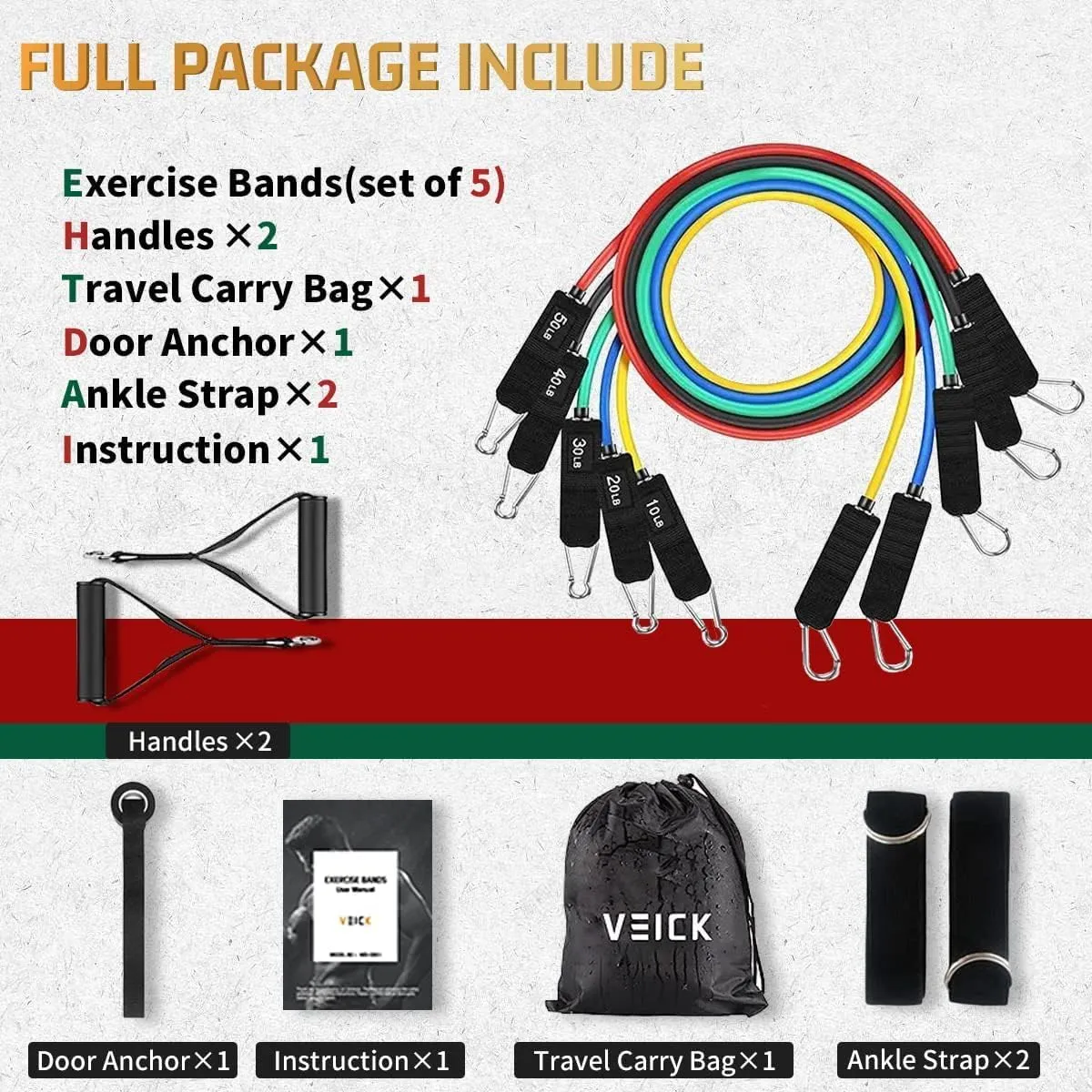 VEICK Resistance Bands, Exercise Bands, Workout Bands Set for Working Out with Handles for Men Women, Elastic Exercising Bands for Fitness Weights Work Out at Home Gym