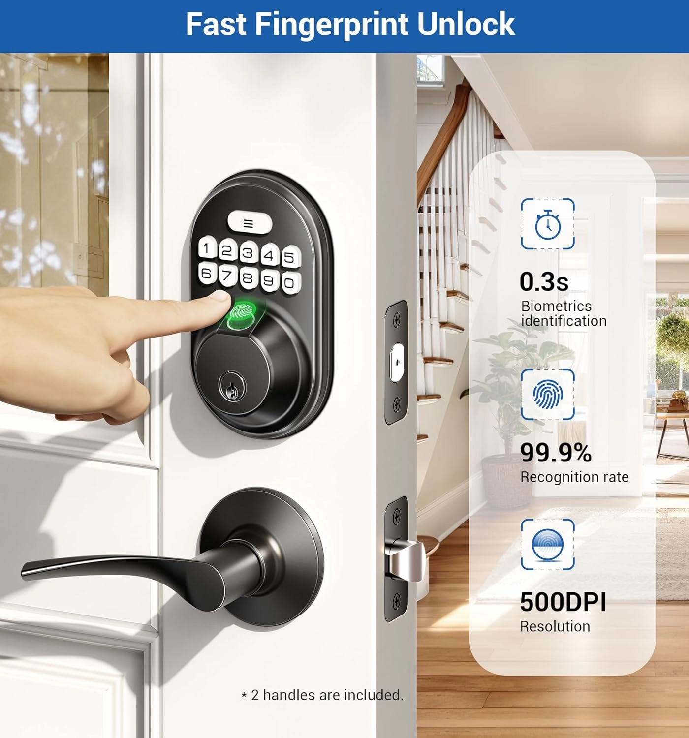 Veise Fingerprint Door Lock with 2 Lever Handles, Keyless Entry Keypad Electronic Deadbolt, Front Door Lock Set, Easy Installation, Matte Black