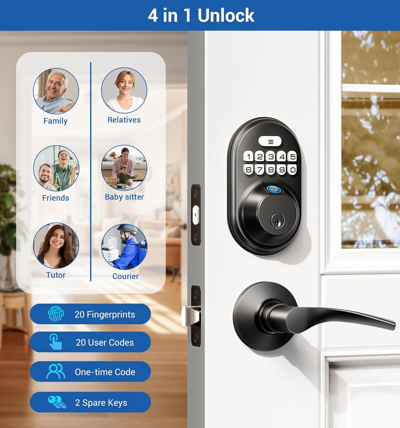 Veise Fingerprint Door Lock with 2 Lever Handles, Keyless Entry Keypad Electronic Deadbolt, Front Door Lock Set, Easy Installation, Matte Black