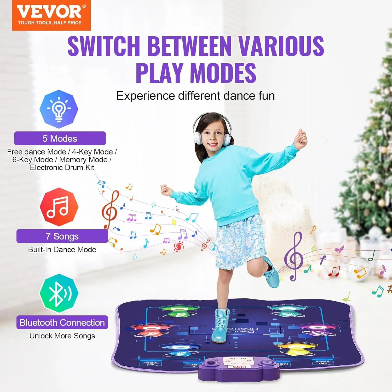 VEVOR Dance Mat, 6-Button Dance Mixer Rhythm Step Play Mat, Electronic Dance Pad with Wireless Bluetooth, LED Lights, 5 Game Modes, Adjustable Volume, Built-in Music, Toys Gifts for 3  Year Old Girls