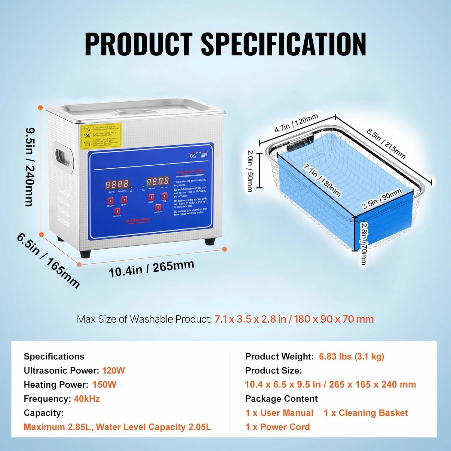 VEVOR Ultrasonic Cleaner with Digital Timer & Heater, Professional Ultra Sonic Jewelry Cleaner, Stainless Steel Heated Cleaning Machine for Glasses Watch Rings Small Parts Circuit Board (3L)