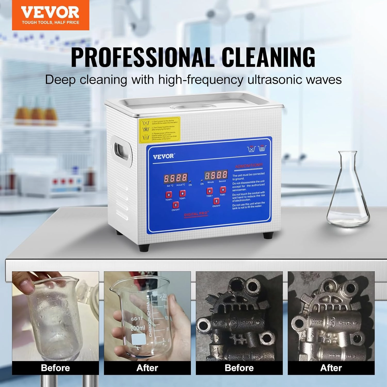 VEVOR Ultrasonic Cleaner with Digital Timer & Heater, Professional Ultra Sonic Jewelry Cleaner, Stainless Steel Heated Cleaning Machine for Glasses Watch Rings Small Parts Circuit Board (3L)