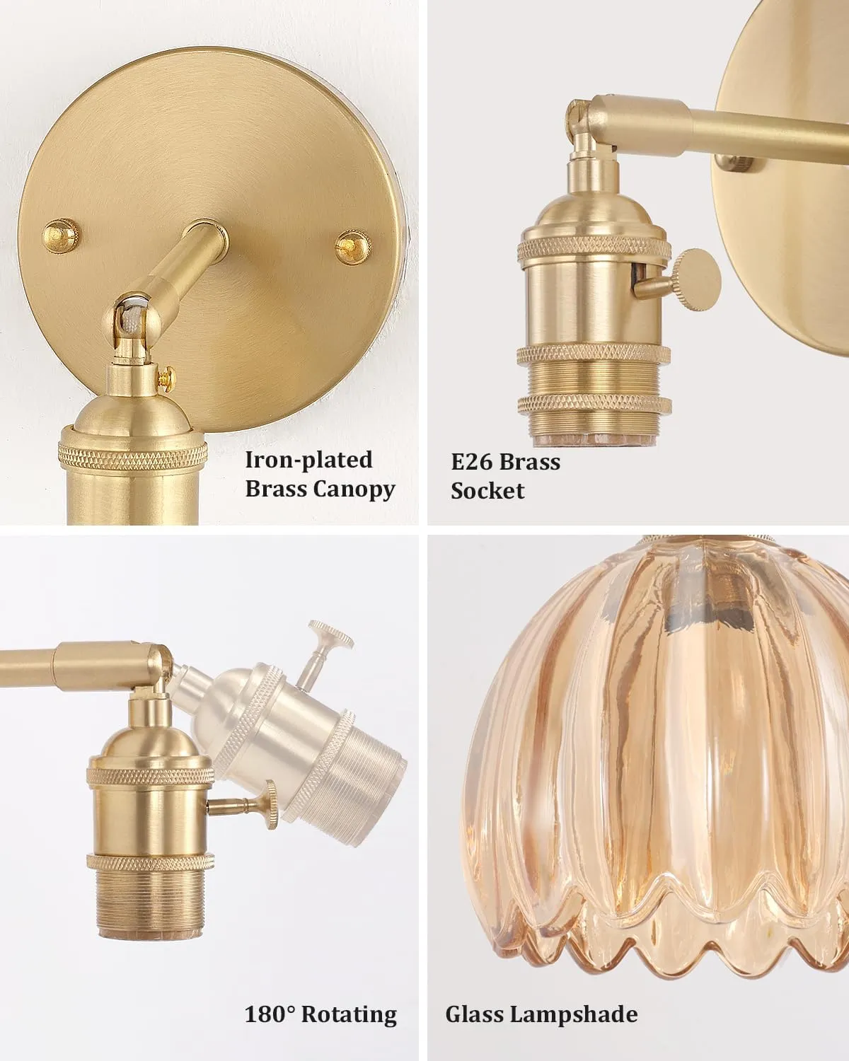 Vintage Battery Operated Wall Sconce with Amber Tulip Glass Lampshade Wireless Rechargeable Battery Powered Wall Light with Remote Control for Bedside Bedroom Doorway, Set of 2