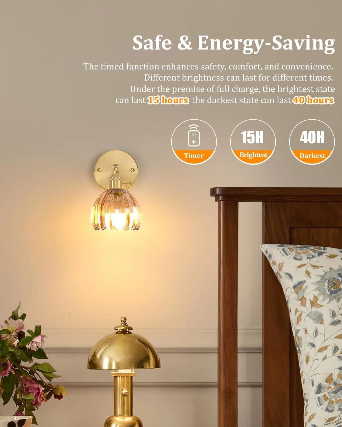 Vintage Battery Operated Wall Sconce with Amber Tulip Glass Lampshade Wireless Rechargeable Battery Powered Wall Light with Remote Control for Bedside Bedroom Doorway, Set of 2